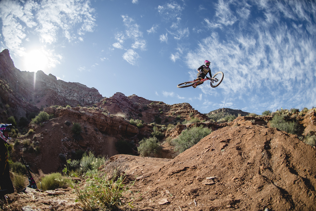 Harriet Burbidge-Smith hits the drop to step-up on ride day 1 at Red Bull Formation in Virgin Utah USA on 29 May 2021