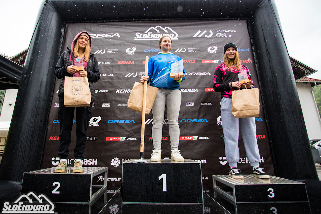 Top three women at 2023 SloEnduro series round three the SloEnduro Perkmandeljc in Me ica Slovenia. Photo by Matej Lovri .