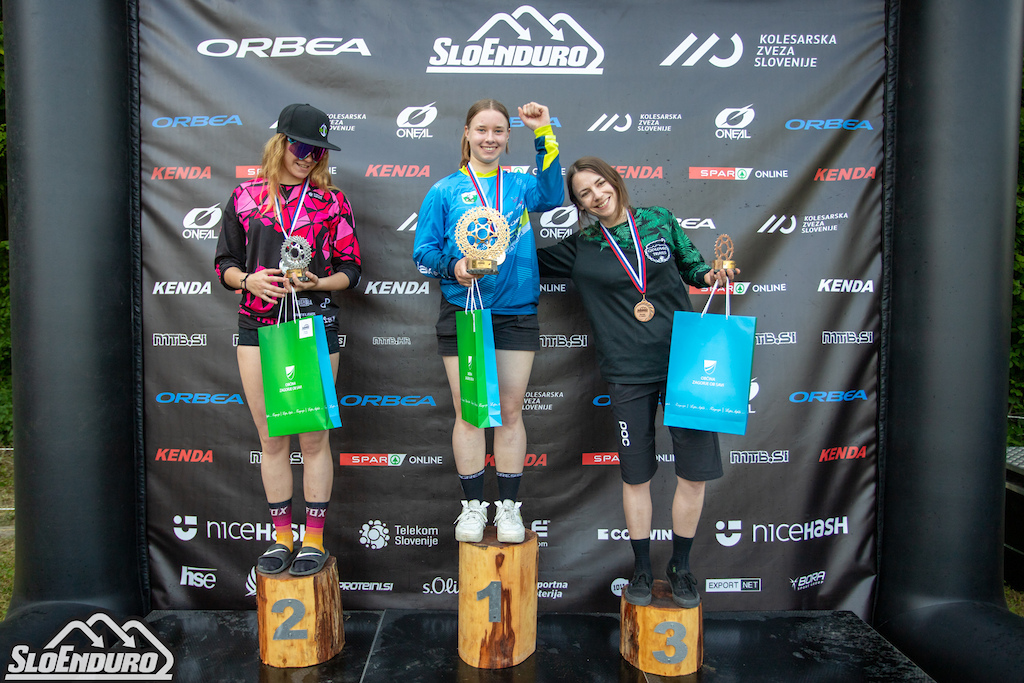 Top three women podium at SloEnduro Cilenca SloEnduro series round 4 Cilenca Trails Zagorje ob Savi Slovenia. Photo by Matej Lovri .