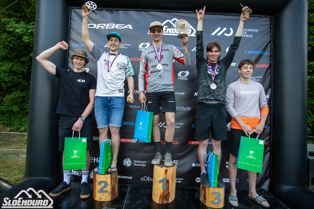 Top five men podium at SloEnduro Cilenca SloEnduro series round 4 Cilenca Trails Zagorje ob Savi Slovenia. Photo by Matej Lovri .