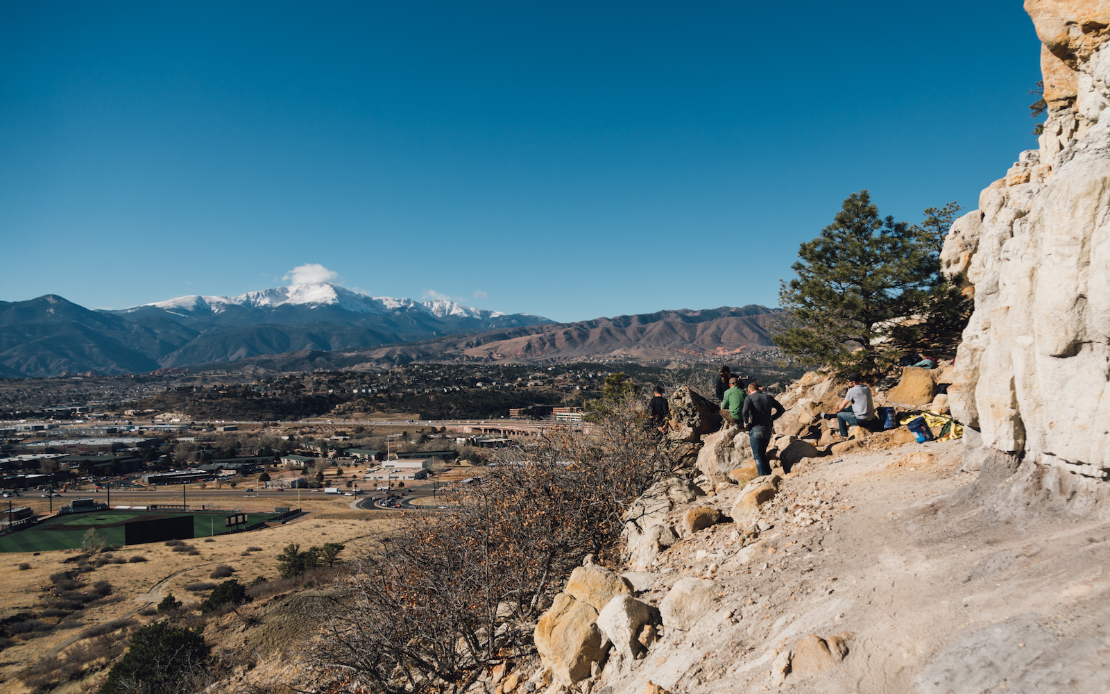 Trail builders working along side COSMBA and city land managers to build the new directional trail Black Sheep at Austin Bluffs Open Space in Colorado Springs Colorado.