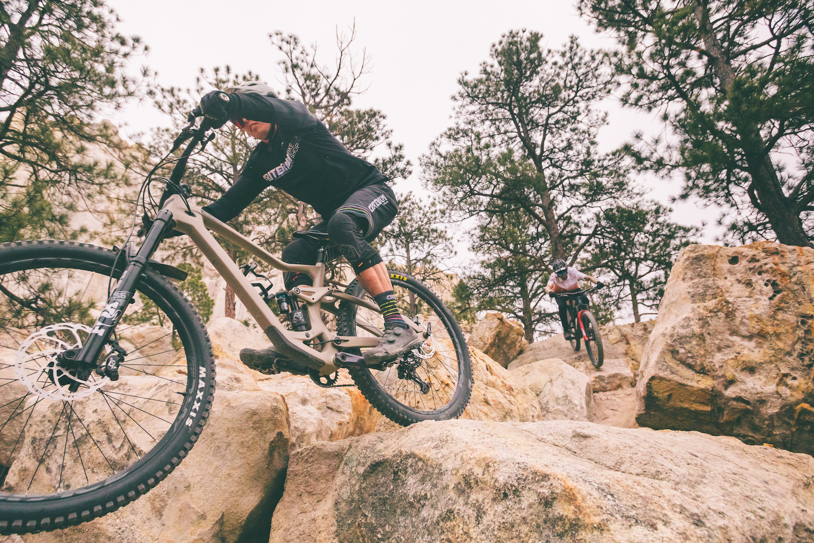 Criterium Bike Shop and Devinci Cycles Ambassador tows Justin Martin through a technical section of the new trail Black Sheep in Colorado Springs Colorado.