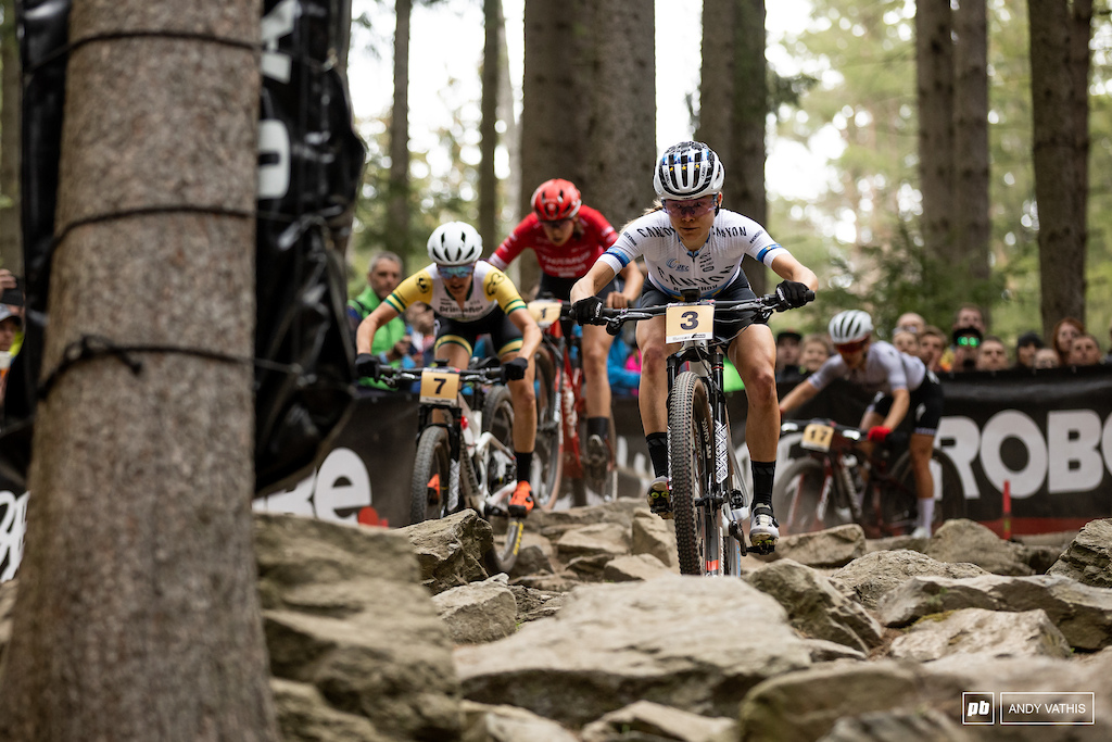 Loana Lecomte matched her number plate for third. She didn t quite have the pace to catch Ferrand Prevot and Pieterse way up front.