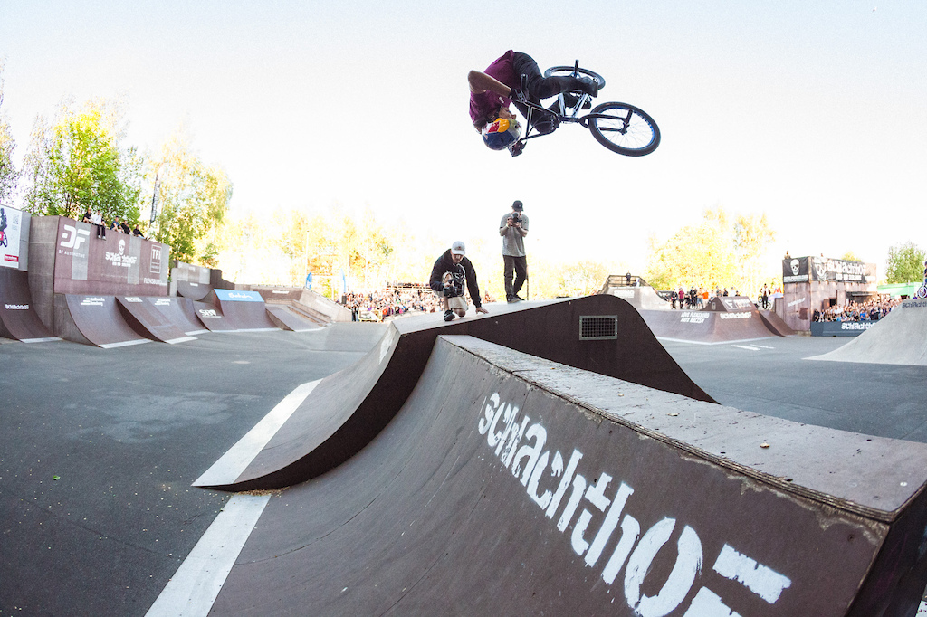 Daniel Dhers with his best trick in the park finals a frontflip over the spine.