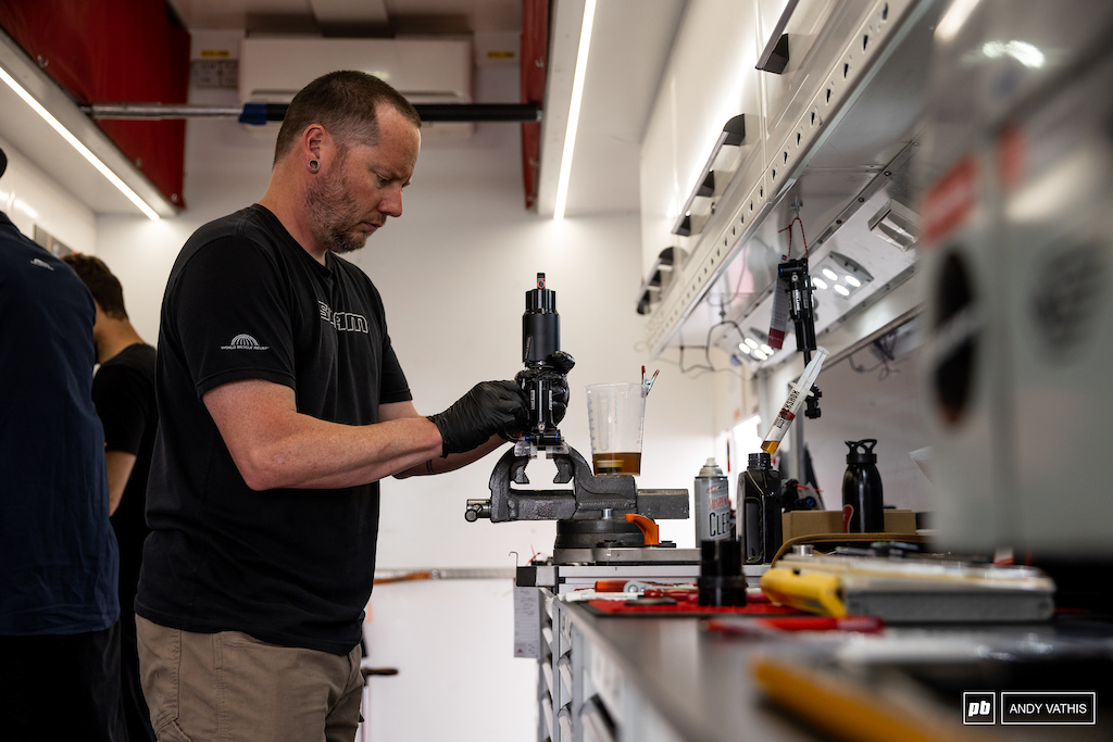 Rear shock rebuilds and tunes in the Sram trailer.