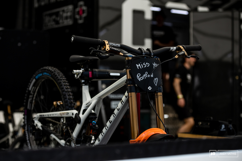 Myriam Nicole s bike on display in the Commencal bikes. She s out indefinitely taking her time with concussion symptoms.