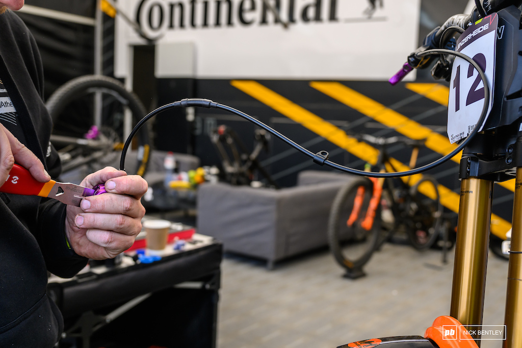 a quite bike is a quick bike right the atherton mechanics add this little bit of foam to quieten down the brake hose on the fork