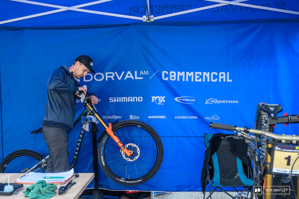 Brake bleeds going on pre-practice in the Dorval pits with some new-looking Schwalbe tyres fitted to