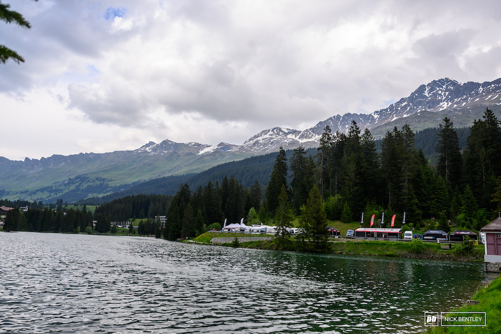 Pits with a view the Pits at Lenzerheide stretch along the road surrounding the lake so the mechanics do ing late nights at least get a good view .