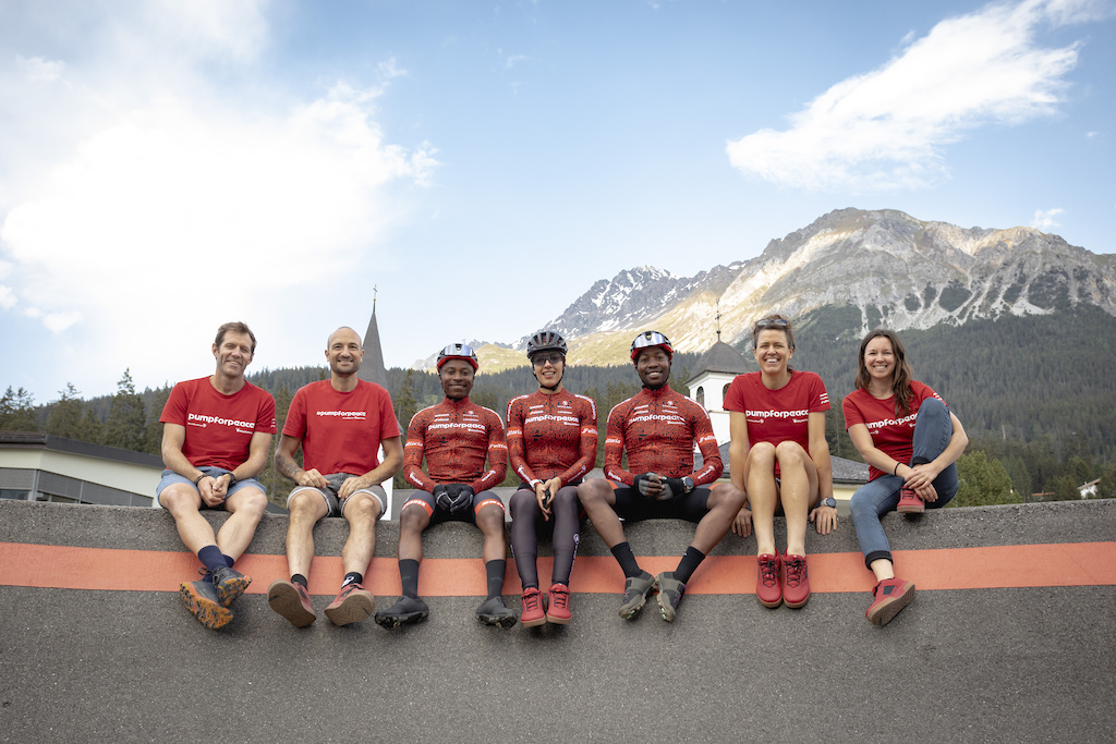 Pump For Peace Racing Team from left to right Nic Lamond Team Commercial Manager Claudio Caluori Founder Velosolutions Unathi Nxumalo Team Rider Faranak Partoazar Team Rider Tumelo Makae Team Rider Ariana L thi Athlete Manger Team Manager Andrea Raemy Team Logistics Manager