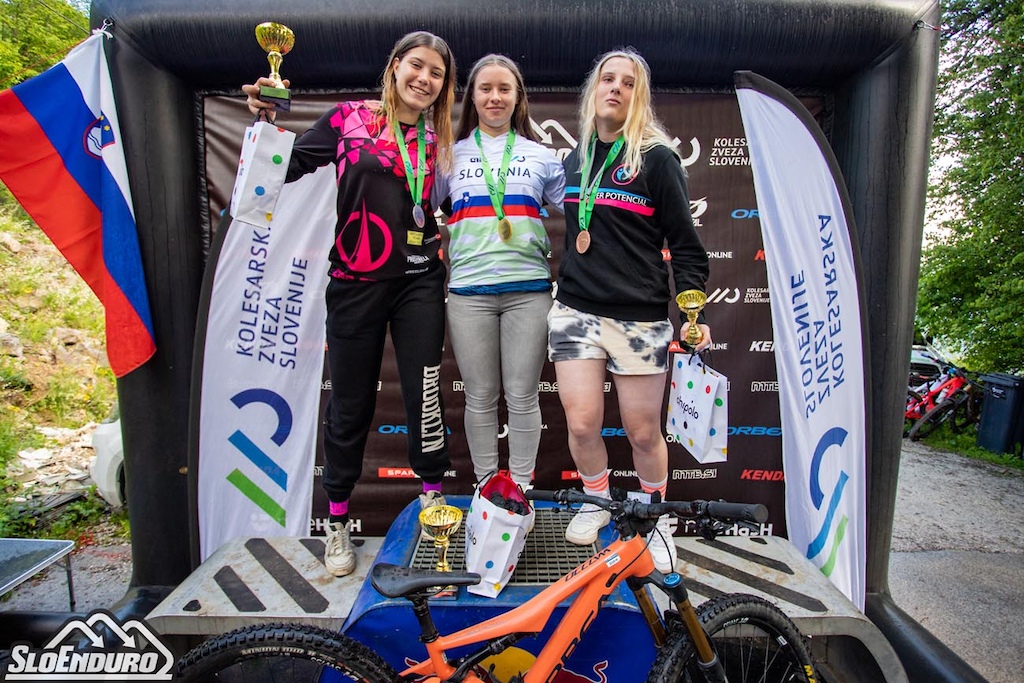 Top three women at Enduro Trbovlje Slovenian National Championships and World Cup Qualifier June 10 11 2023. Photo by Matej Lovri .