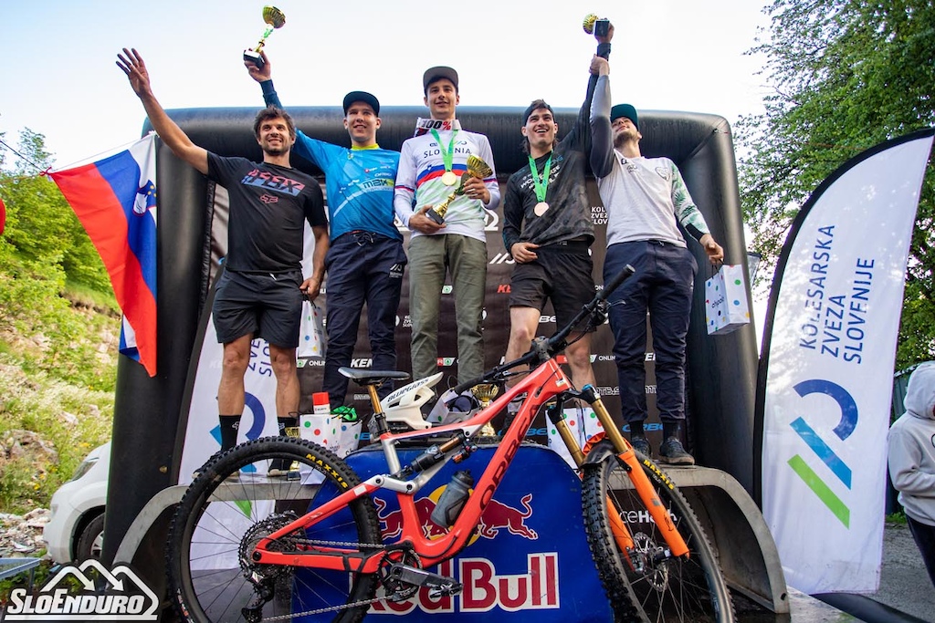 Top five men at Enduro Trbovlje Slovenian National Championships and World Cup Qualifier June 10 11 2023. Photo by Matej Lovri .