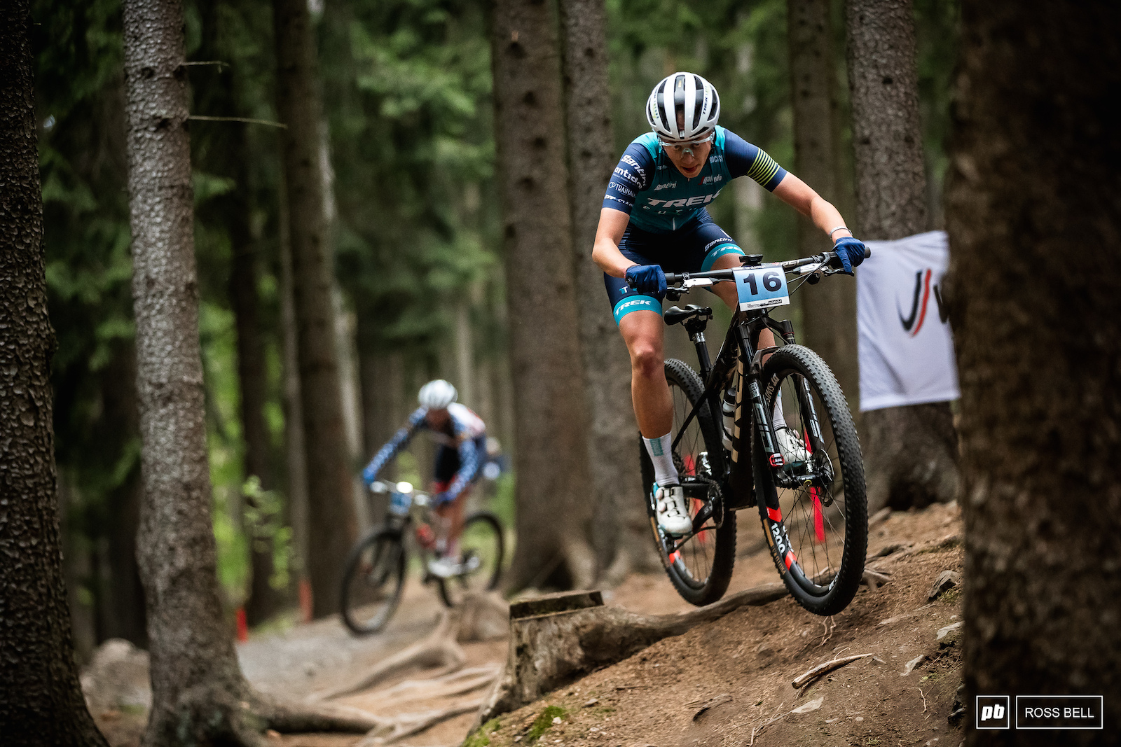 Emilly Johnston getting stuck into one of the rooty Nove Mesto descents.