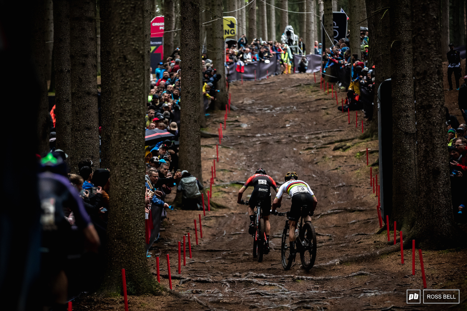 Nino Schurter stalking Jordan Sarrou up the classic Nove Mesto climb.