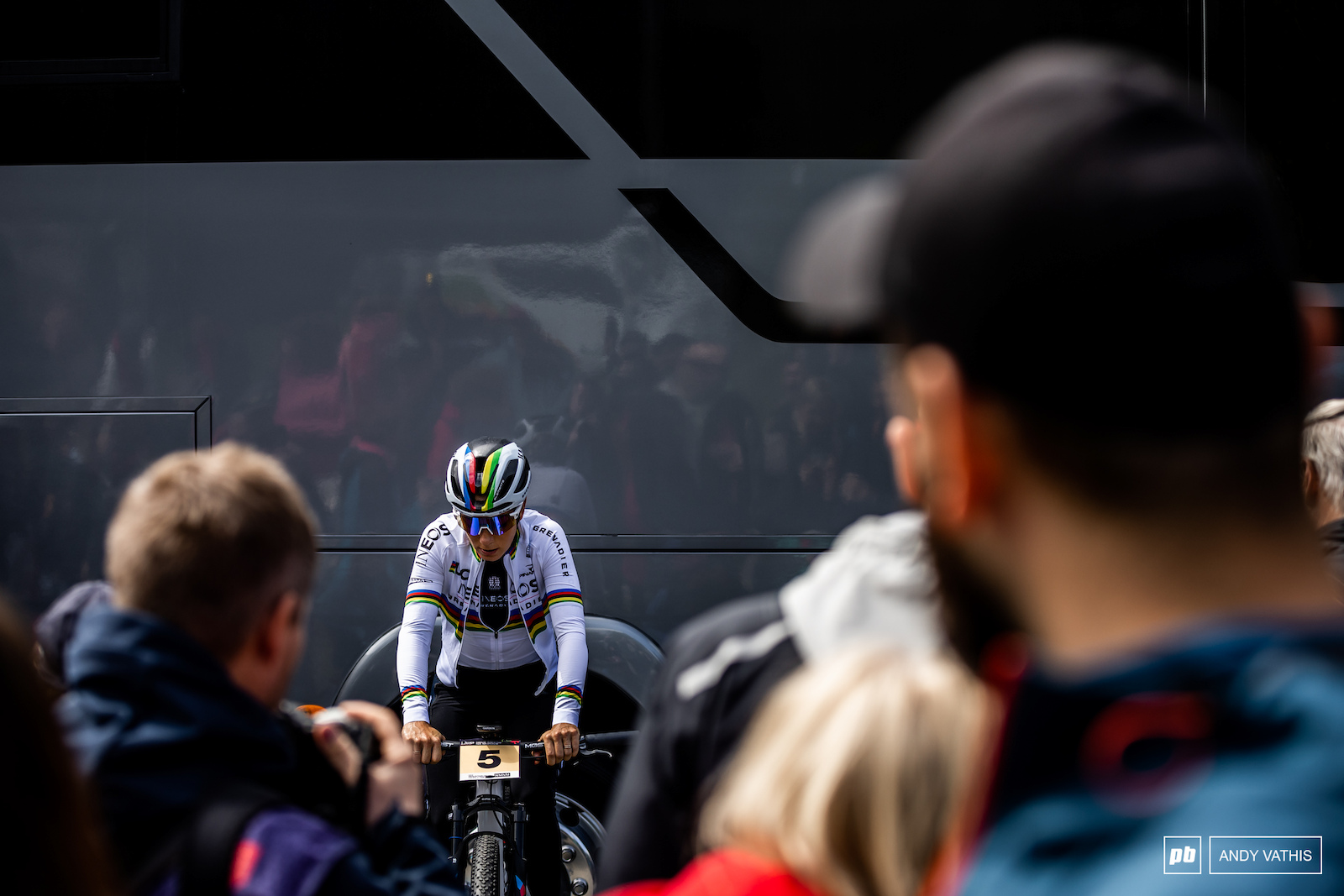 New team new bike and the rainbow stripes - Pauliine Ferrand Prevot is looking the part to be a contender today.