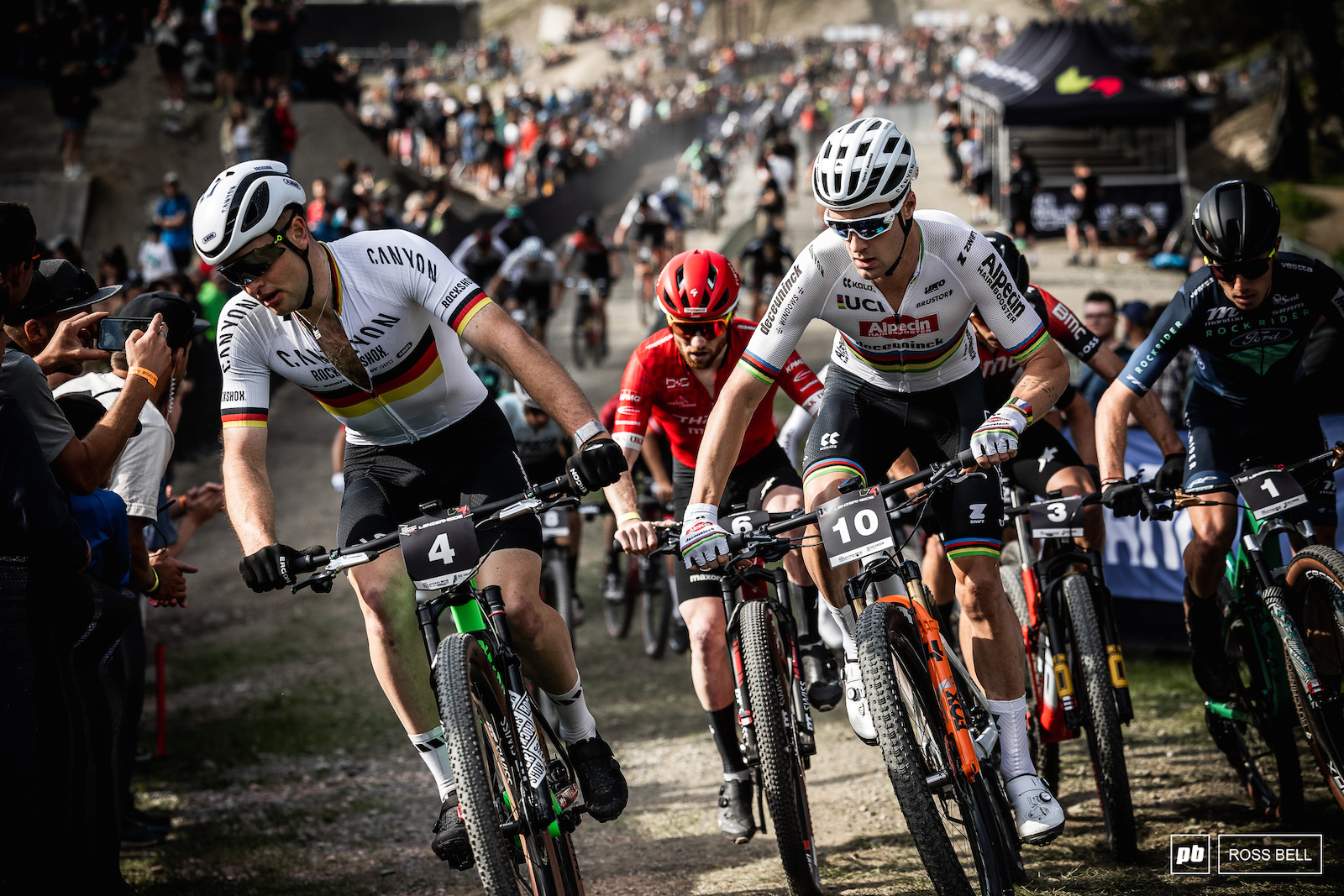 The men head through the tech zone on the first lap.