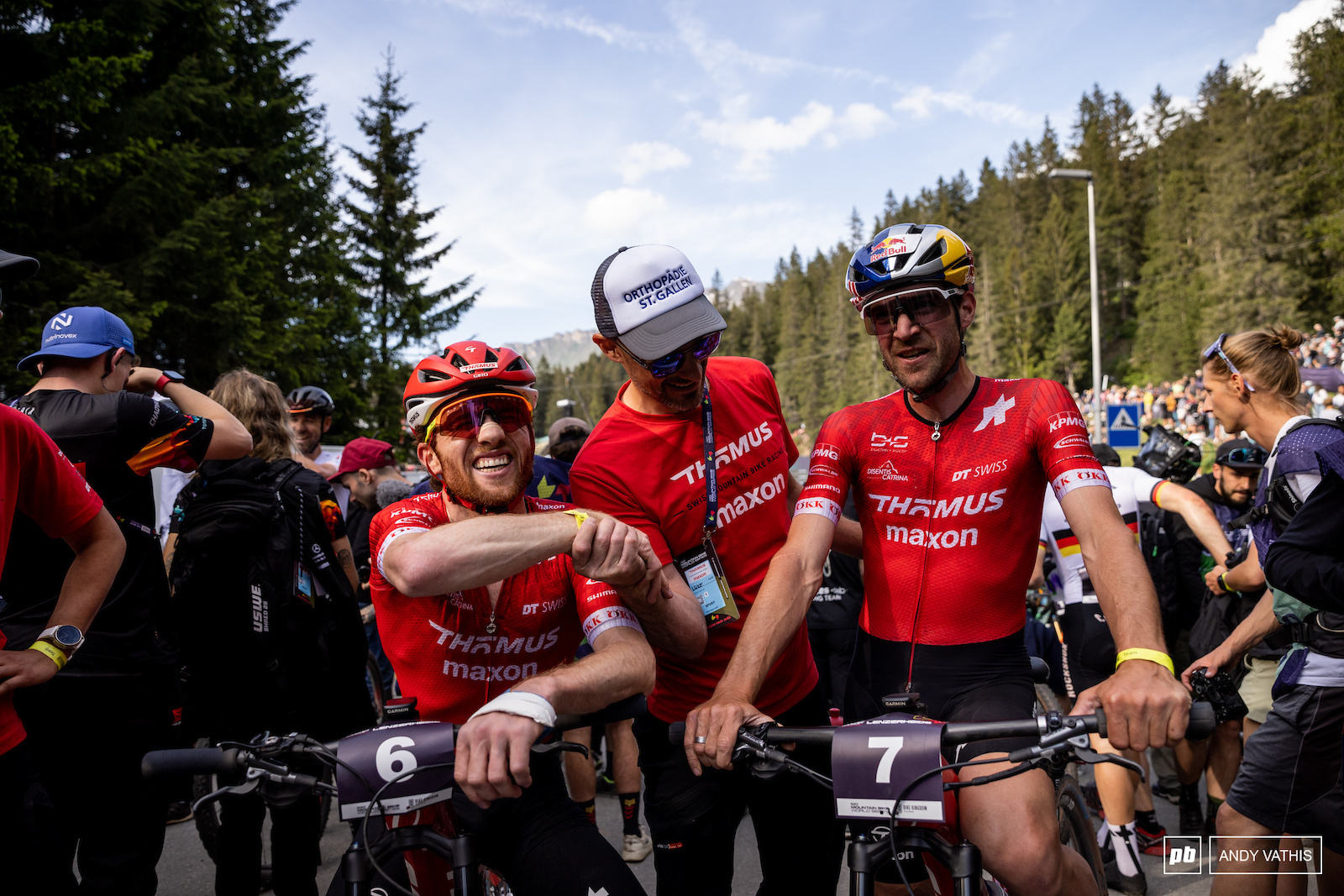 The two Swiss teammates catch their breath.