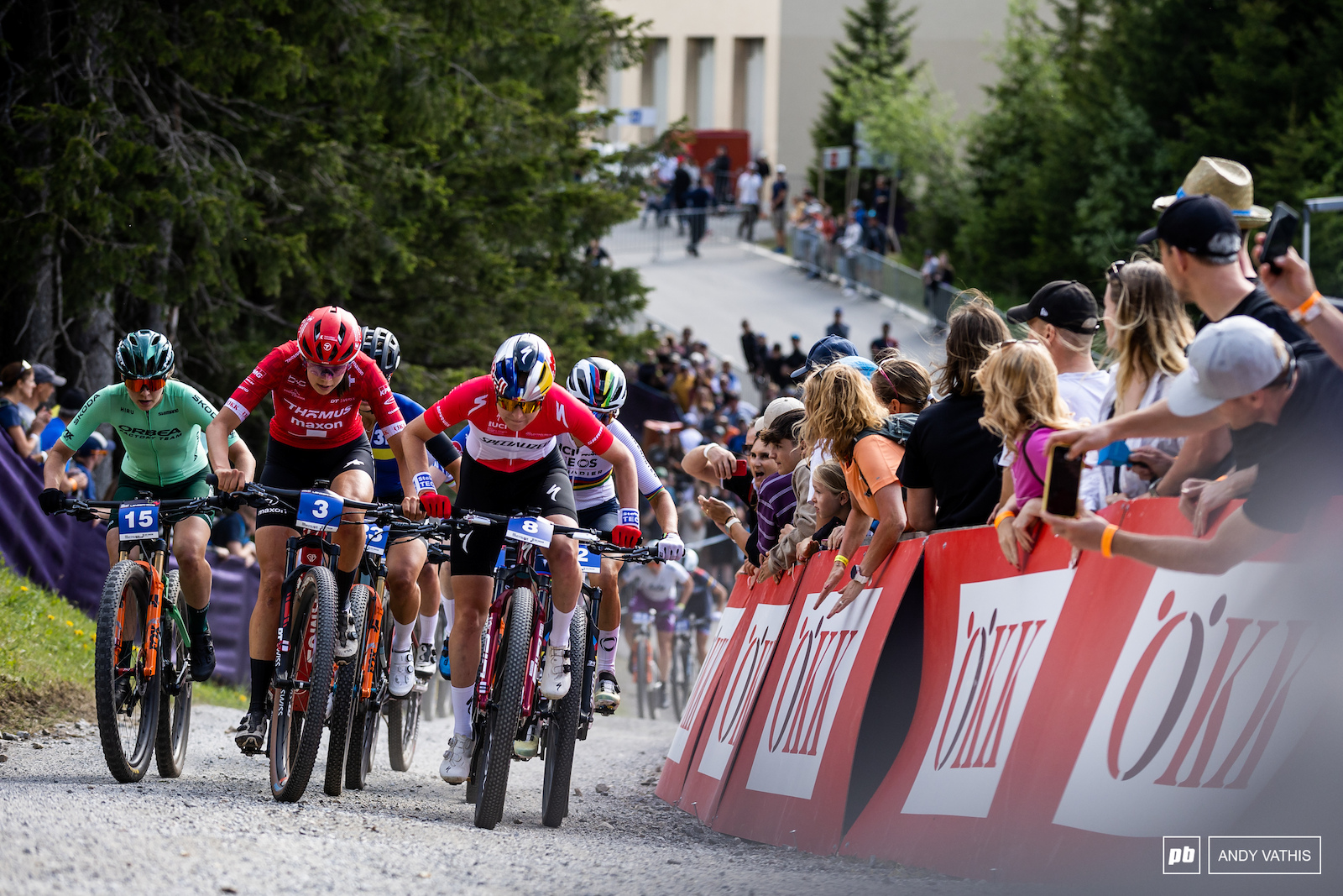 A tough fight throughout the main breakaway group powers up the climb.